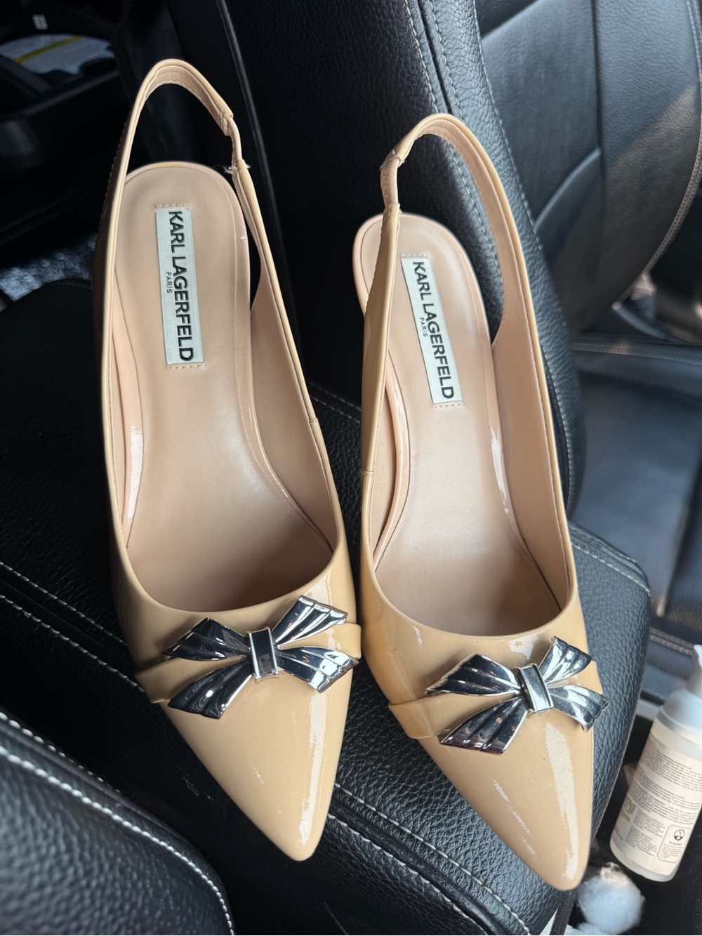 Karl Lagerfeld Nude Patent Slingback Pumps with Silver Bow Accent